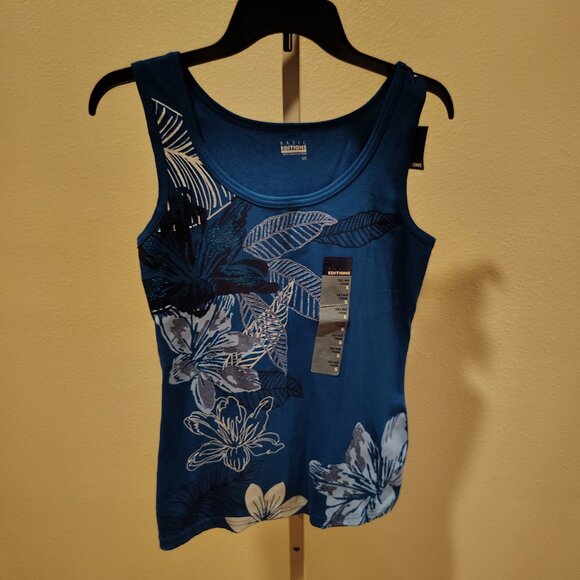 Basic Editions Women's 2x2 Rib Tank Size Small NWT Cotton Blue Ribbed Flowers - Picture 1 of 12